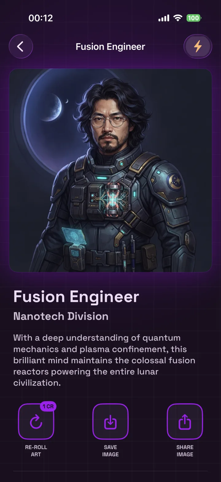 Fusion Engineer character portrait with an AI-written story