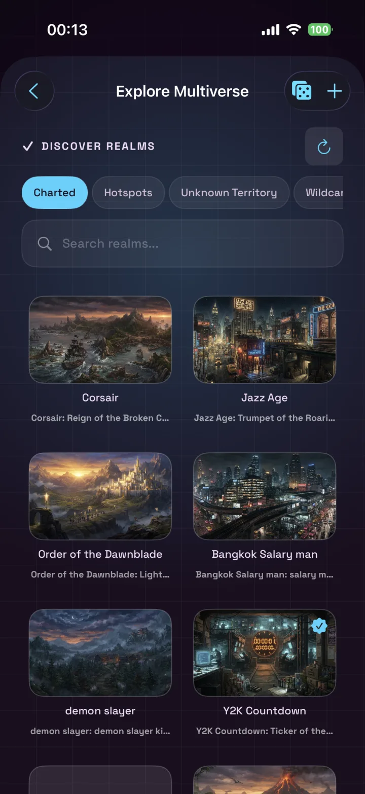 Discover screen with a grid of extraordinary multiverse realms