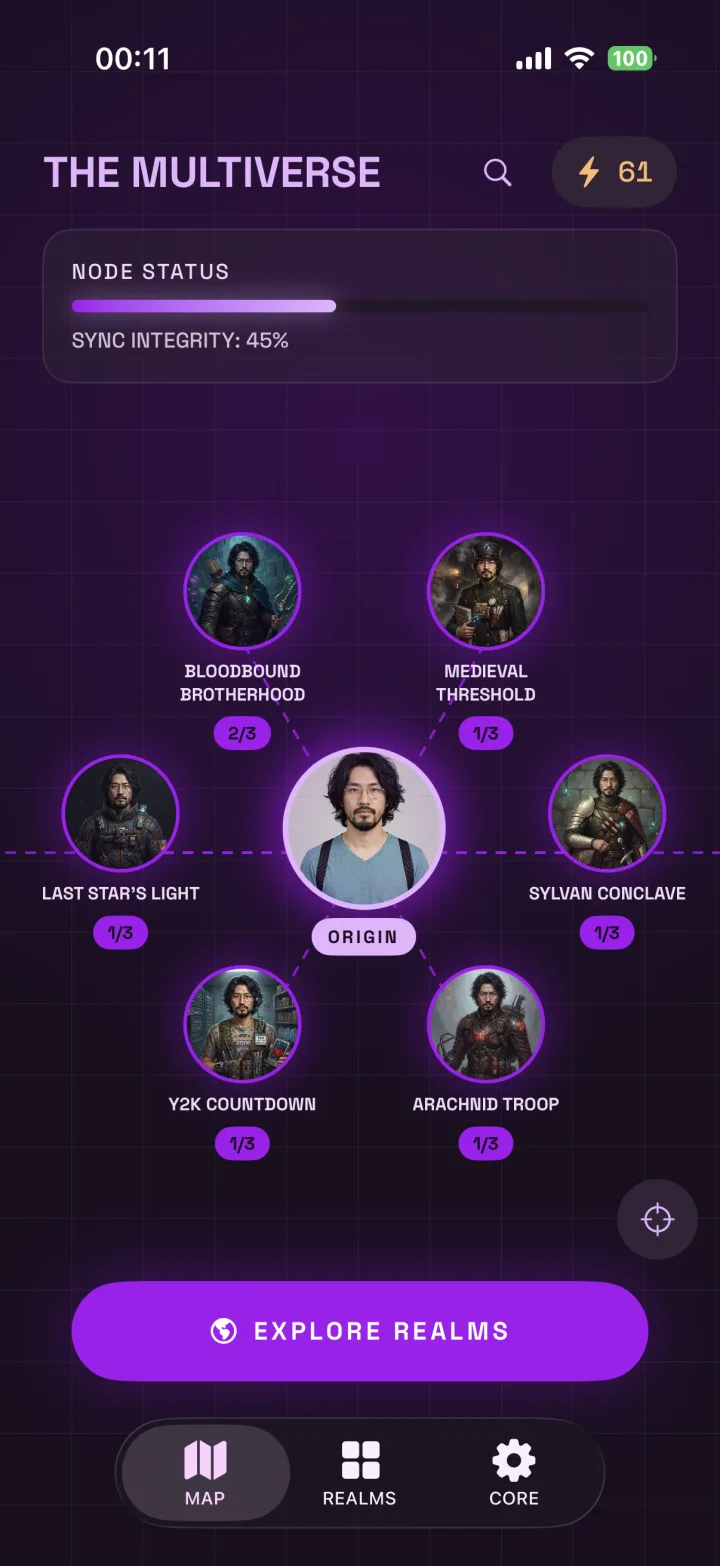 Multiverse map connecting unlocked and undiscovered realms