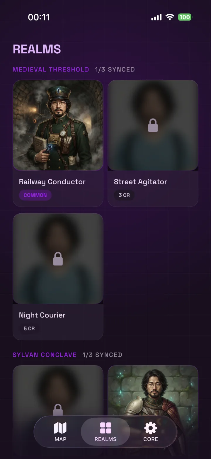 Realm collection showing an unlocked Railway Conductor and undiscovered characters