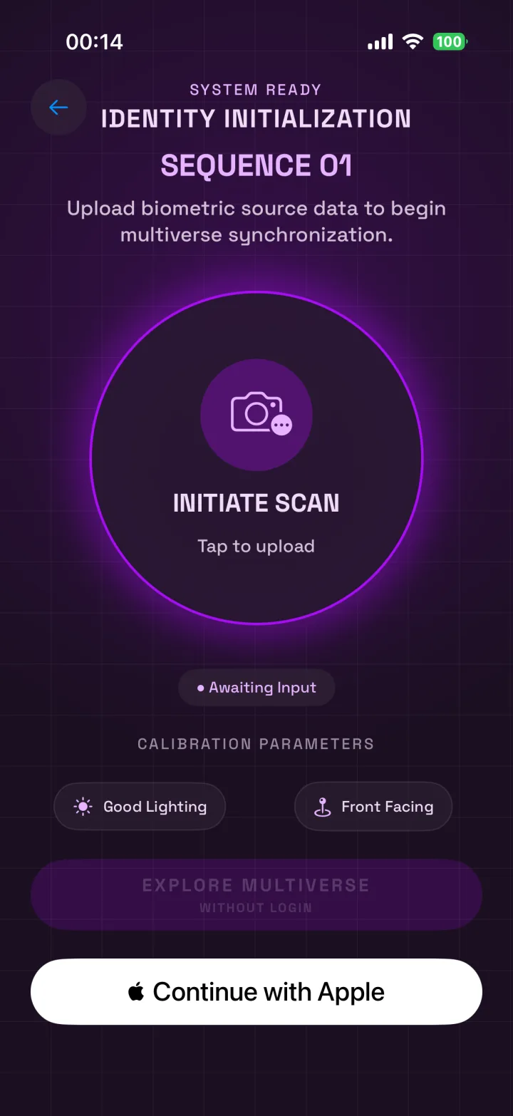 Identity initialization screen inviting the user to take a selfie