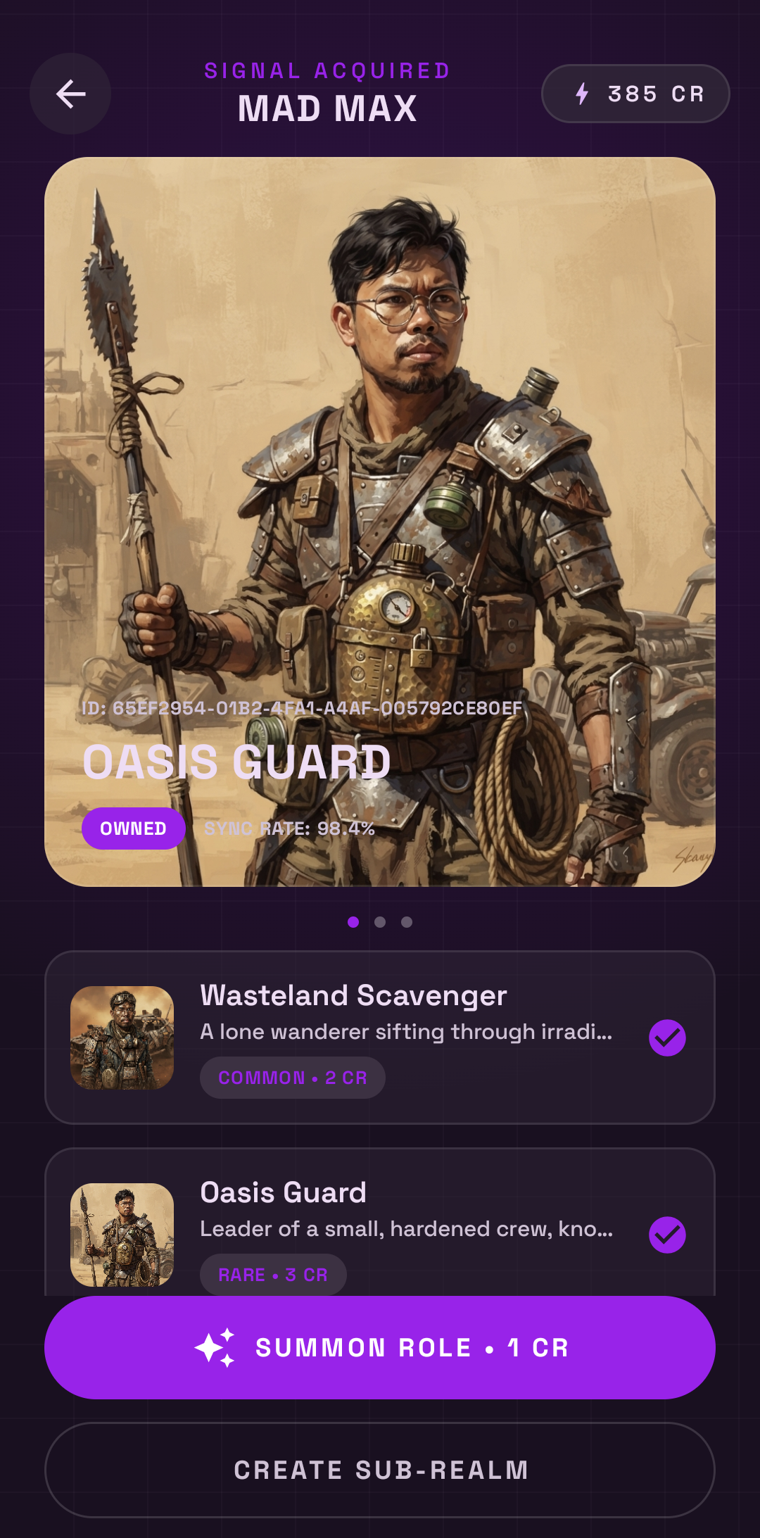 Oasis Guard character detail screen, an unlocked Mad Max realm character