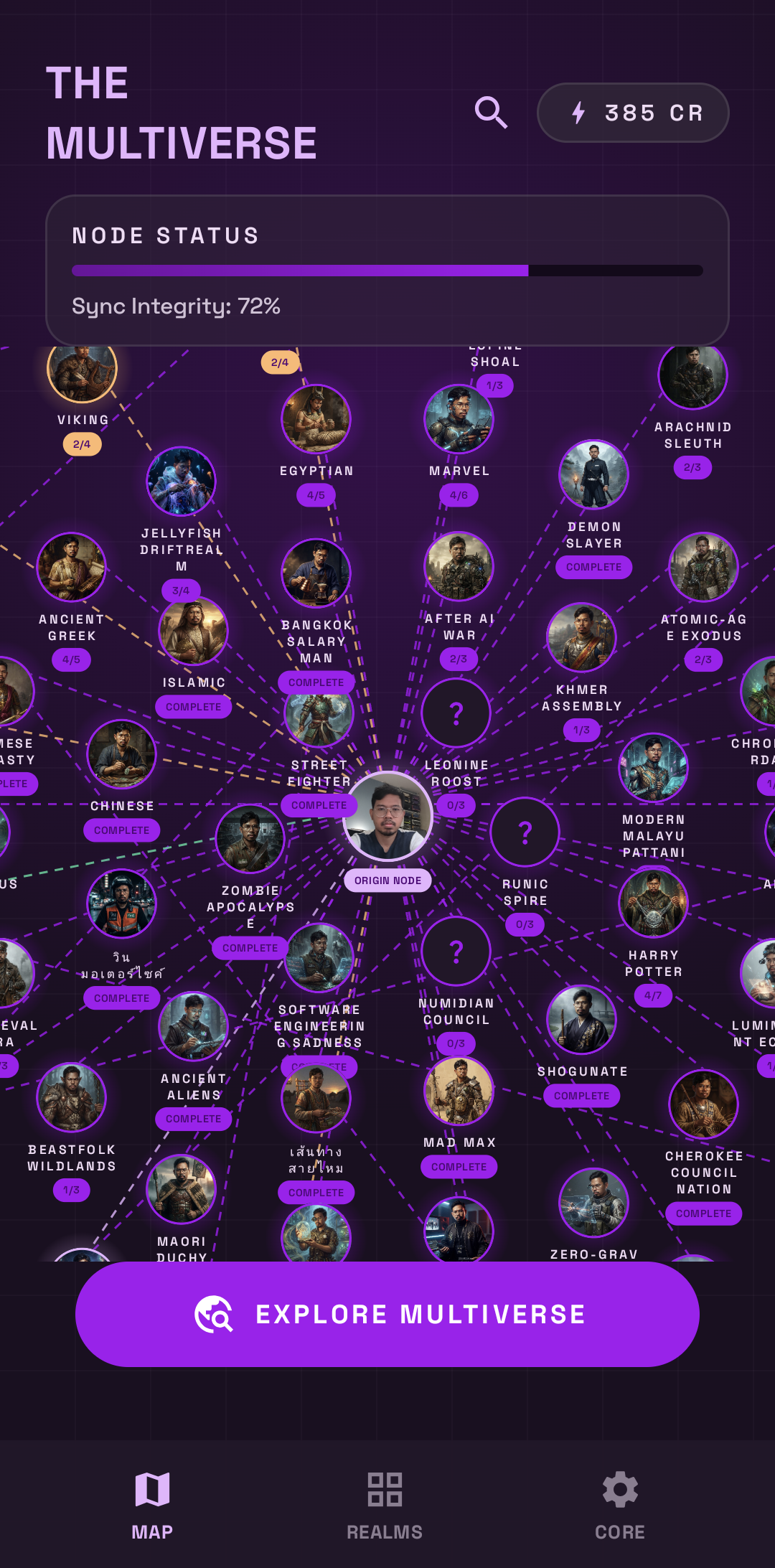 The Multiverse chart screen, showing a user's realms and characters