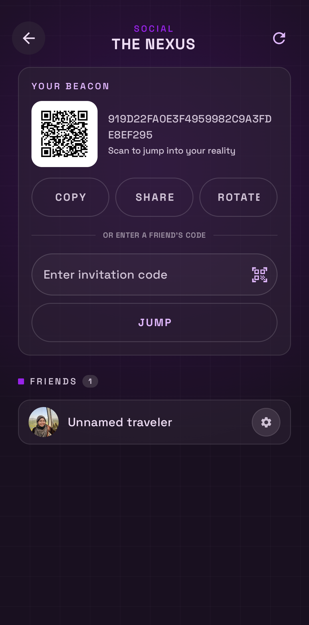 The Nexus screen, showing a beacon QR code and a connected friend