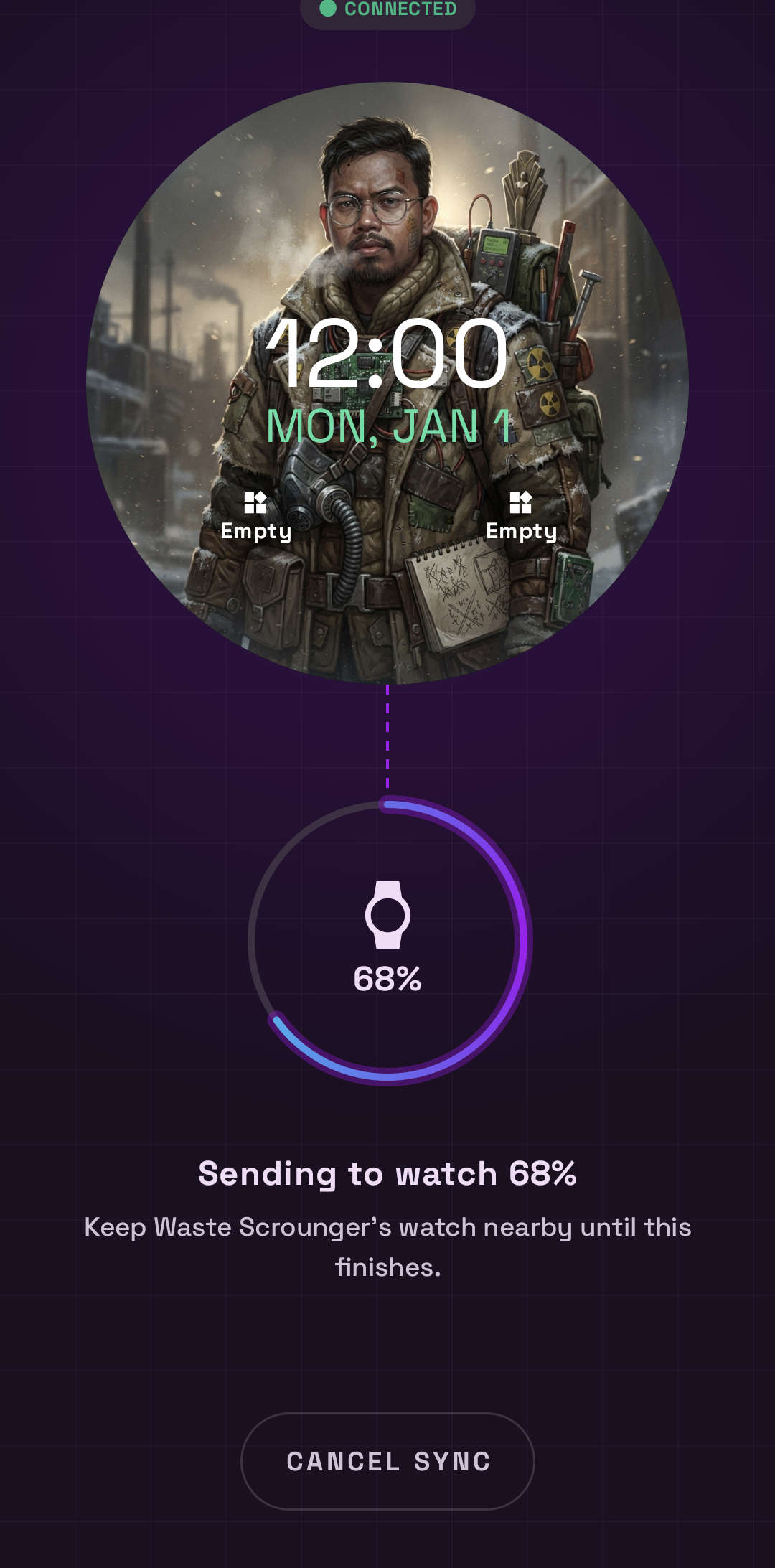 Sending Waste Scrounger's watch face to a paired Wear OS watch, live transfer progress
