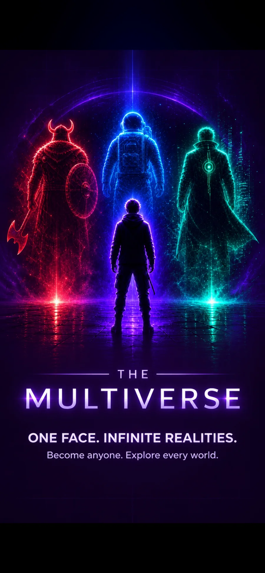 A person facing alternate Viking, astronaut, and cyberpunk versions of themselves